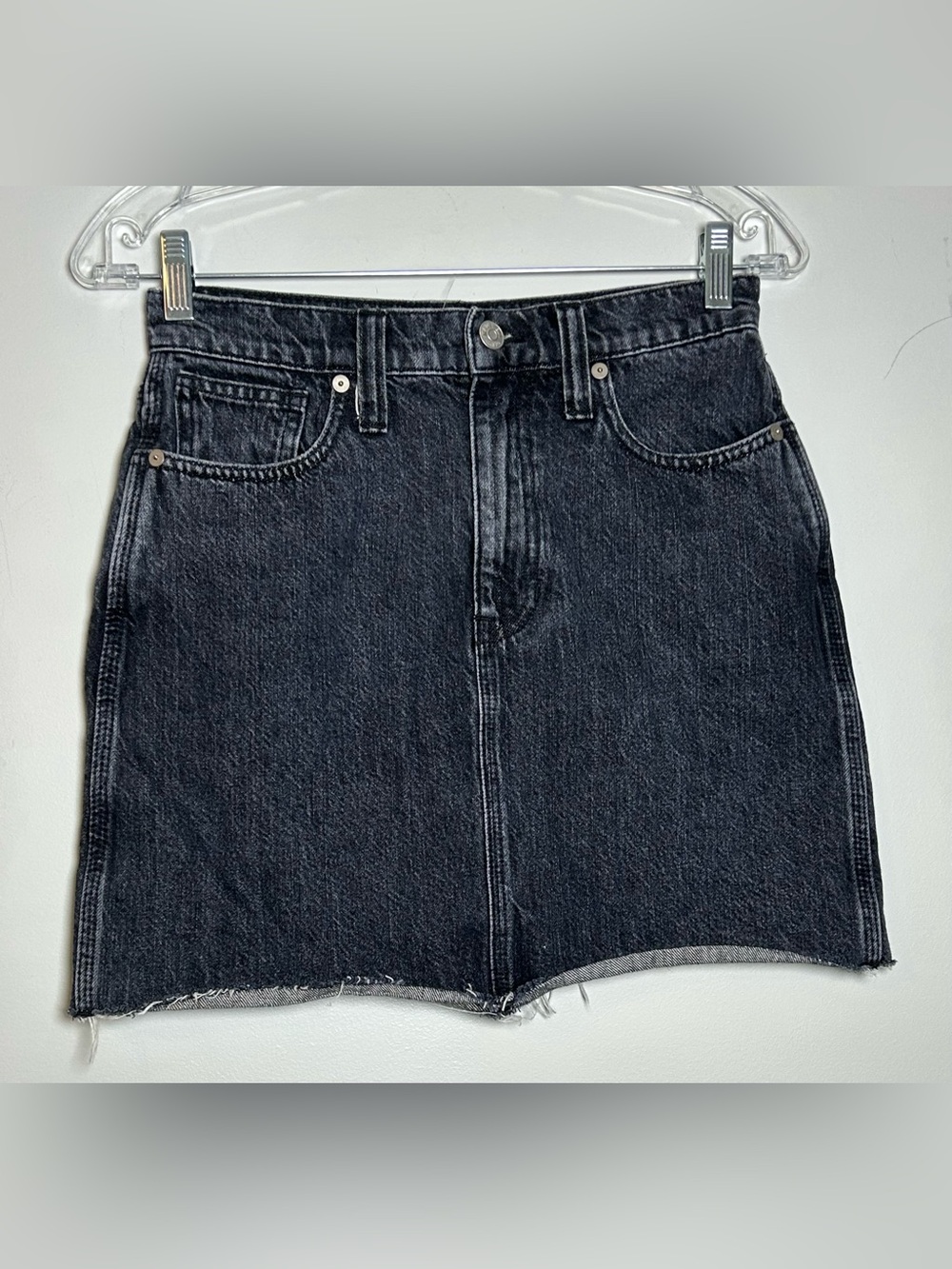 Madewell Black Wash Denim Mini Skirt size 26 raw hem high rise jean skirt - Picture 5 of 10